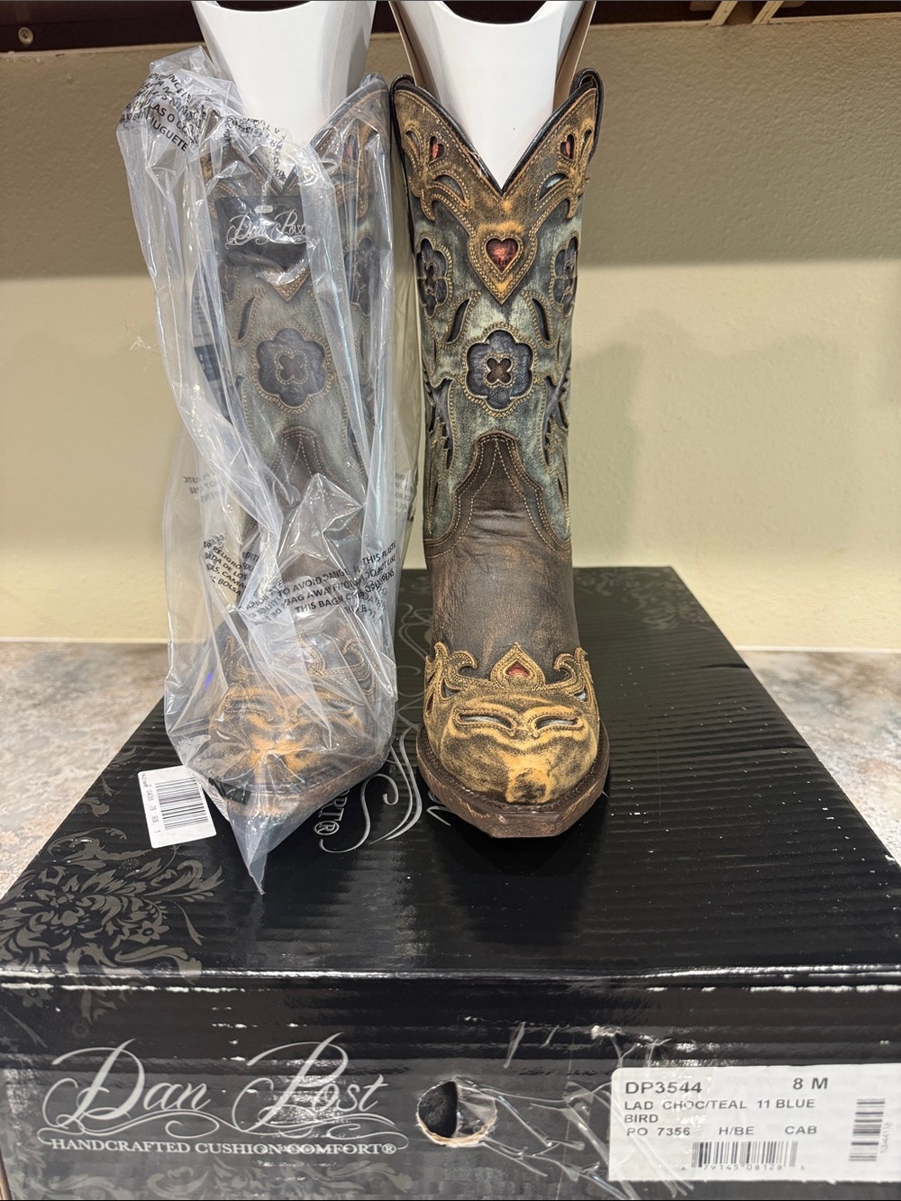 Dan Post Teal and Brown Floral Embroidered Western Boots